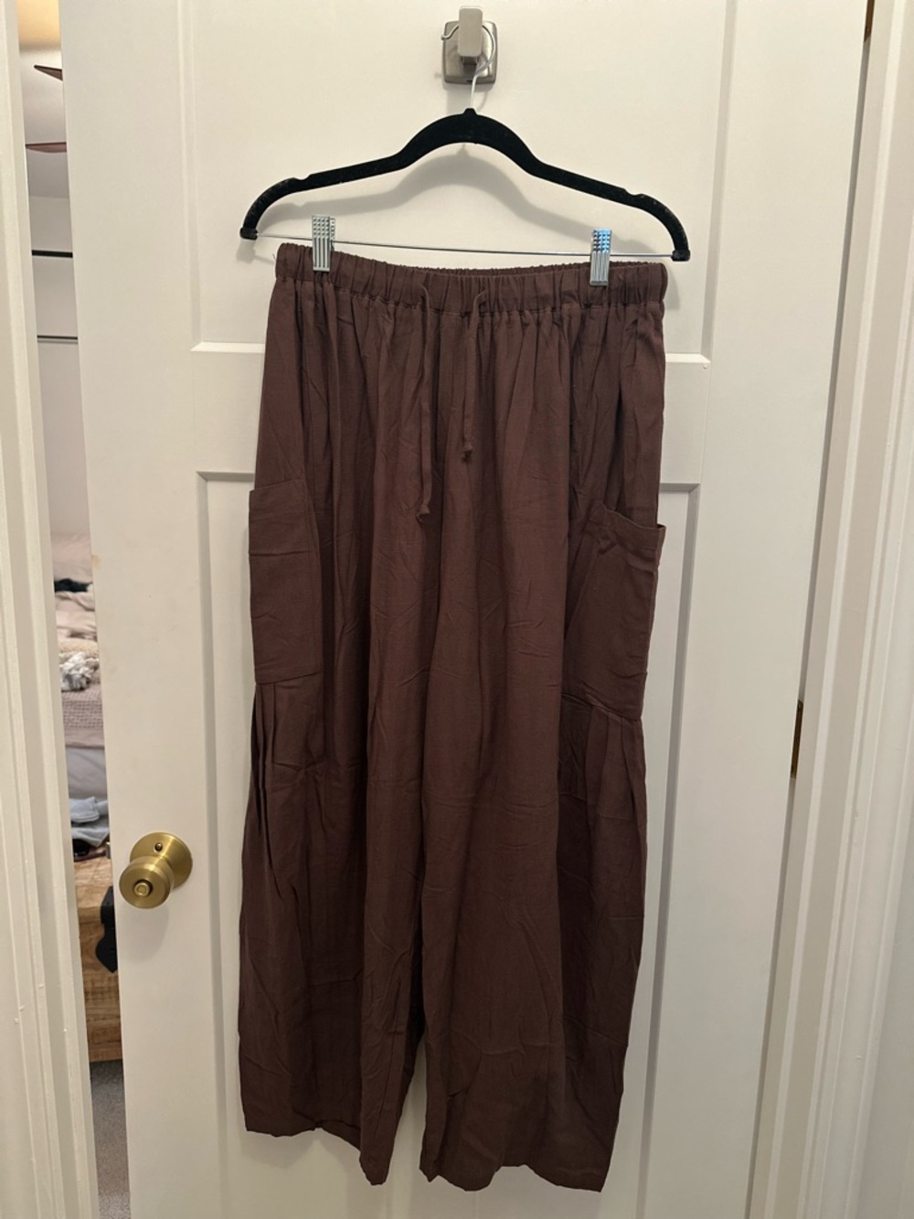 Linen beach vacation Wide-Leg Drawstring Pants with Pockets — Brown